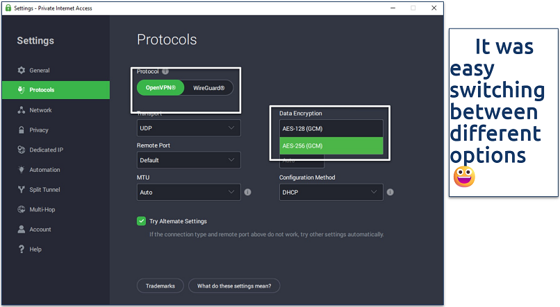 Screenshot of PIA's Protocol Settings screen showing the security setting customization options